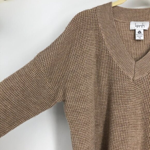 Kersh Light Khaki Tan Camel ribbed Knit V-neck Merino tencel Blend Sweater L - Picture 8 of 16